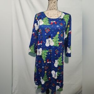 Dress Works Blue Christmas Trees, Snowmen, Presents Dress. Size Small. Festive.